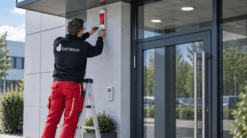 Ein Techniker montiert einen Außensignalgeber einer Einbruchmeldeanlage