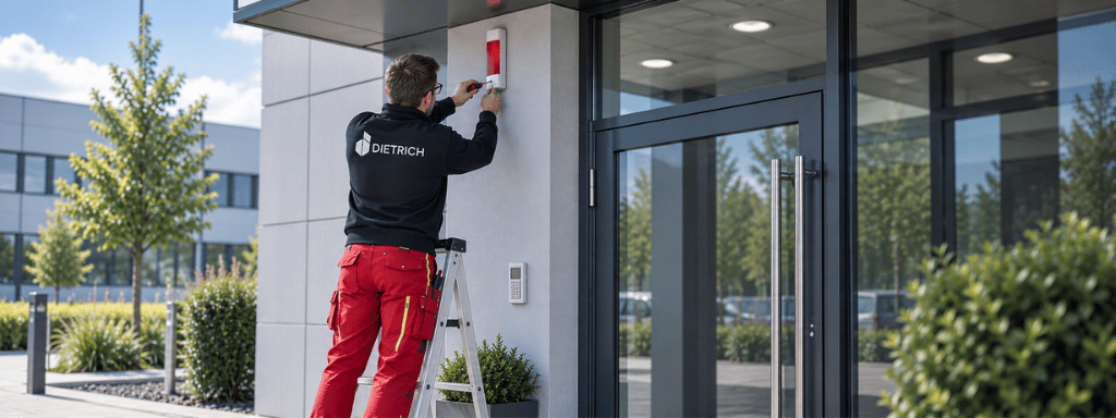 montage_externsignalgeber Ein Techniker montiert einen Außensignalgeber einer Einbruchmeldeanlage